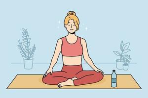 ruhige junge frau in sportkleidung, die zu hause auf der matte sitzt und yoga praktiziert. Lächelndes entspanntes Mädchen, das drinnen meditiert. Meditation und Stressabbau. Vektor-Illustration. vektor