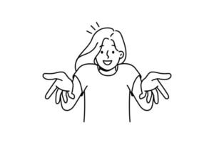 leende ung kvinna talande med kamera. Lycklig tusenåriga flicka känna glad och upplyft framställning händer gester. vektor illustration.