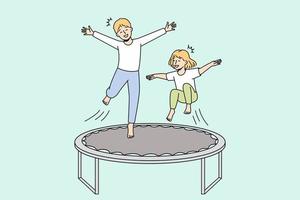 lycklig små barn ha roligt Hoppar på trampolin utomhus. leende liten barn njut av spelar utanför involverad i rolig lekfull spel. barndom fritid. vektor illustration.