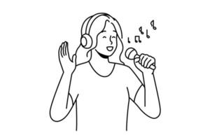 Lycklig kvinna i hörlurar och mikrofoner sång. leende flicka ha roligt njut av karaoke underhållning med mic och hörlurar. hobby och musik. vektor illustration.