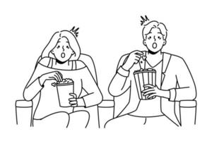 Paar isst Popcorn Film im Kino genießen. emotionaler mann und frau fühlen sich mit film im theater fassungslos. Unterhaltung und Wochenende. Vektor-Illustration. vektor