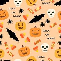 süßes nahtloses Halloween-Muster für gruseligen Oktober und Süßes oder Saures Thema mit Kürbislaternen, Süßigkeiten, Fledermäusen, Spinnen und Totenköpfen. Muster auf orangefarbenem Hintergrund. vektor