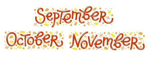 vektor uppsättning med höst löv med de ord höst månader - september, oktober, november.