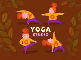 rothaariges Mädchen, das verschiedene Yoga-Asanas macht. Logo, Poster für Yogastudio. vektor