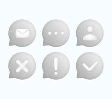 satz von 3d grau sprechen blasentext, chatbox, realistisches vektorillustrationsdesign der nachrichtenbox. Mail-Symbol, Support, Ja- oder Nein-Zeichen. ballon 3d-stil des denkens zeichen symbol. auf dem weißen Hintergrund. vektor