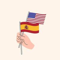 karikaturhand, die vereinigte staaten und spanische flaggen hält. uns spanien beziehungen. Konzept der Diplomatie, Politik und demokratischen Verhandlungen. flaches Design isolierter Vektor