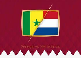 senegal gegen die niederlande, ikone der gruppenphase des fußballwettbewerbs auf weinrotem hintergrund. vektor