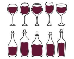satz flaschen und gläser mit rotwein. Doodle-Stil. Vektor-Illustration. Weinkollektion im Doodle-Stil. vektor