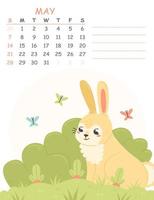mai vertikaler kinderkalender für 2023 mit einer illustration eines süßen kaninchens, das karotten im garten anbaut. 2023 ist das Jahr des Hasen. Vektor Frühjahr Illustration Kalenderseite.