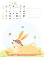 vertikaler juni-kinderkalender für 2023 mit einer illustration eines süßen kaninchens mit hut, das sich in der sonne sonnt. 2023 ist das Jahr des Hasen. vektor sommer illustration kalenderseite.