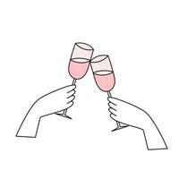 zwei hände halten gläser champagner, sekt. einfache Hochzeitsikone. Doodle-Vektor-Illustration vektor