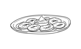 handgezogener teller mit kartoffelpfannkuchen, gemüsepfannkuchen, chanukka-latkes mit sauce, sauerrahm und kräutern. isoliert auf weißem Hintergrund vektor