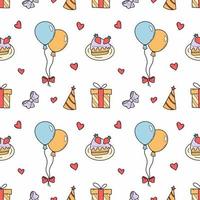 Nahtloses Geburtstagsmuster. festliche illustration zum bedrucken von stoff und geschenkpapier. Ballon, Geschenk und Kuchen. vektor
