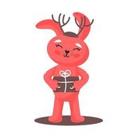 süßes rotes Häschen mit einer Geschenkbox. flache karikaturillustration eines glücklichen kleinen kaninchens, das eine große geschenkbox lokalisiert auf einem weißen hintergrund umarmt. Vektor-Illustration. vektor
