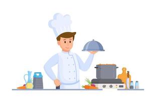vektor illustration av kock matlagning. matlagning i de kök. mat på Hem.