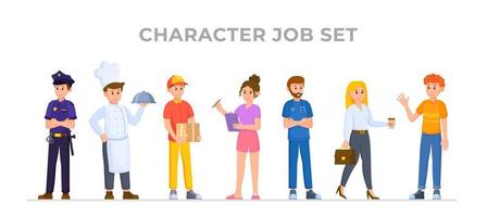 Vektor-Illustration eines Zeichen-Job-Sets. ein Haufen Leute in verschiedenen Berufen. Polizist, Koch, Arzt, Kurier, Geschäftsfrau und Menschen. vektor
