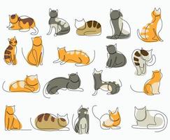 klotter kontinuerlig freehand skiss teckning av katt utgör samling. söt sällskapsdjur djur- begrepp. vektor