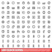 100 klocka ikoner uppsättning, översikt stil vektor