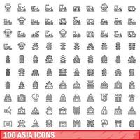 100 Asien ikoner uppsättning, översikt stil vektor
