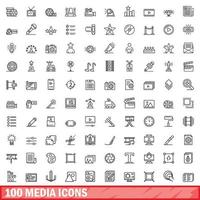 100 Mediensymbole gesetzt, Umrissstil vektor