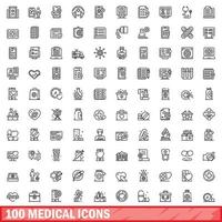 100 medicinska ikoner set, konturstil vektor