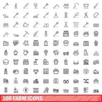 100 Farm-Icons gesetzt, Umrissstil vektor