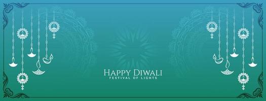 Lycklig diwali indisk festival baner med dekorativ hängande lampor vektor