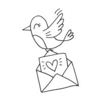 uppsättning av söt ritad för hand klotter element handla om kärlek. meddelande klistermärken för appar. ikoner för valentines dag, romantisk evenemang och bröllop. en fågel med ett kuvert med hjärtan och en kärlek brev. vektor