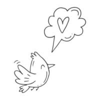 uppsättning av söt ritad för hand klotter element handla om kärlek. meddelande klistermärken för appar. ikoner för valentines dag, romantisk evenemang och bröllop. en fågel sjunger en kärlek låt. vektor