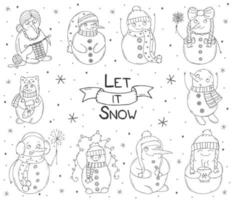 uppsättning söta snögubbar på en vit bakgrund. vektor illustration i doodle stil. vinterstämning. hej 2023. god jul och gott nytt år.