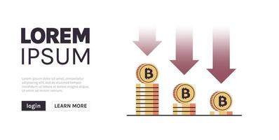 mynt faller ner med pilar och gyllene mynt stack modern digital pengar crypto valuta begrepp platt vektor illustration.