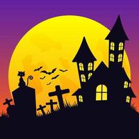 halloween katter, gravar, fladdermöss och mörk slott på gul måne bakgrund. vektor