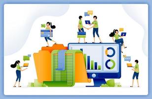 illustration av människor planera och analyserar finansiell kalkylark rapporter lagrat i mappar använder sig av bokföring programvara. design kan vara Begagnade för landning sida, börja appar, webb sida, annonser vektor