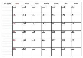 Monatsplaner Kalender Juli 2023 vektor