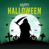 Fröhlicher Halloween-Hintergrund mit gruseliger Sensenmann- und Kürbissilhouette vektor
