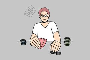 junger mann, der poker spielt. männlicher spieler, der sich mit glücksspielen beschäftigt, genießt kartenspiel am tisch. Vektor-Illustration. vektor