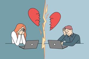 olycklig man och kvinna dejting uppkopplad slutet relation. ledsen par ha upplösning eller missförstånd talande på internet. vektor illustration.