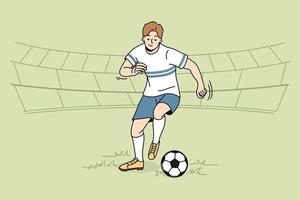 professionell fotboll spelare med boll på fält. ung man engagerad i spel. sportsman Träning utomhus. vektor illustration.