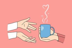 person innehav kopp med varm dryck ge den till vän. människor delning varm kaffe eller te. begrepp av hjälp och Stöd. vektor illustration.
