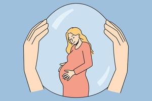 hände, die schwangere frau in sicherheitsblase halten. Weibchen mit vor der Gesellschaft geschütztem Bauch. mutterschafts- und schwangerschaftskonzept. Vektor-Illustration. vektor