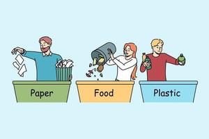 människor sortering avfall i behållare. eco vänlig volontärer eller aktivister vård handla om miljö. ekologi förvaltning begrepp. vektor illustration.