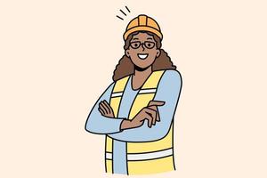 Lycklig afrikansk amerikan kvinna arbetstagare i enhetlig Framställ utomhus. leende biracial kvinna anställd i hjälm. ingenjör ockupation. vektor illustration.