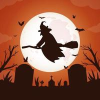 halloween-vollmondhintergrund mit hexe, die über friedhof fliegt vektor