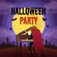halloween-partyhintergrund mit kürbiskopf, der klavier spielt vektor