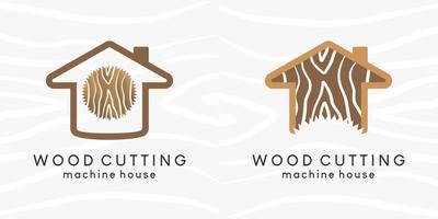 de logotyp design av en sågverk eller trä fräs hus med en trä motiv begrepp visas de ikon av en hus kombinerad med en cirkulär fick syn på maskin vektor