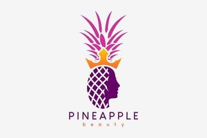 ananas logotyp design med en kreativ begrepp, ananas ikon kombinerad med en kvinnas ansikte vektor