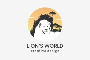 Löwenwelt oder Löwenwald-Logo-Design, Löwensilhouette kombiniert mit Bäumen auf Sonnenuntergangshintergrund vektor