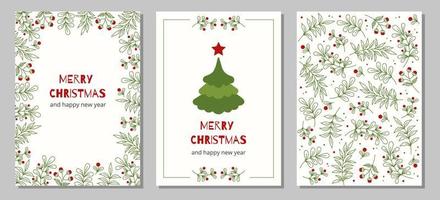 uppsättning av jul och Lycklig ny år hälsning kort med jul träd, blommig ramar och bakgrunder. vektor