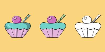 horizontale Reihe von Bildern, köstlicher Cupcake mit zarten blauen Creme- und Zuckerdekorationen, Vektorillustration im Cartoon-Stil auf farbigem Hintergrund vektor