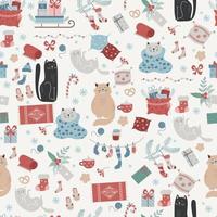 weihnachten nahtloses muster. neujahrsdekor, schlitten, geschenke, socken, süße katzen und gemütliche dinge auf weißem hintergrund. Vektorwintermuster für Dekor, Design, Verpackung und Druck. vektor